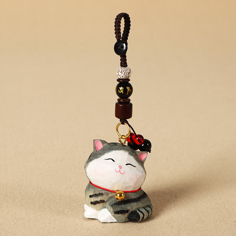 Buddha Stones Sleutelhangers met uitgesneden houten kat Om Mani Padme Hum Focus - Om Mani Padme Hum Gestreepte Kat - image 11