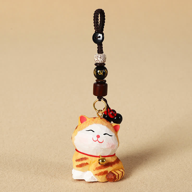 Buddha Stones Sleutelhangers met uitgesneden houten kat Om Mani Padme Hum Focus - Om Mani Padme Hum Oranje Kat - image 3