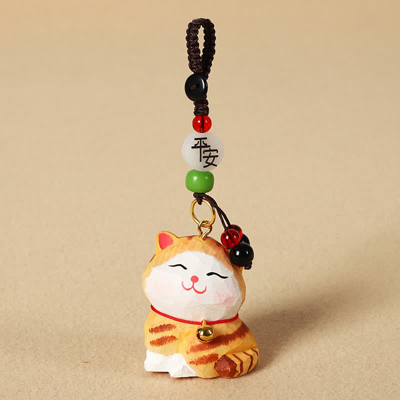 Buddha Stones Sleutelhangers met uitgesneden houten kat Om Mani Padme Hum Focus - Vreedzame Oranje Kat - image 2