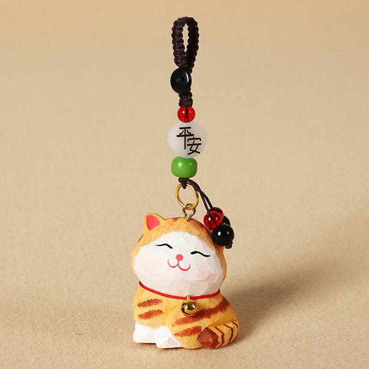 Buddha Stones Sleutelhangers met uitgesneden houten kat Om Mani Padme Hum Focus - Vreedzame Oranje Kat - image 2