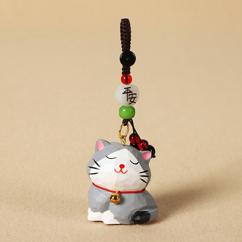 Buddha Stones Sleutelhangers met uitgesneden houten kat Om Mani Padme Hum Focus - Vreedzame grijze kat - image 13
