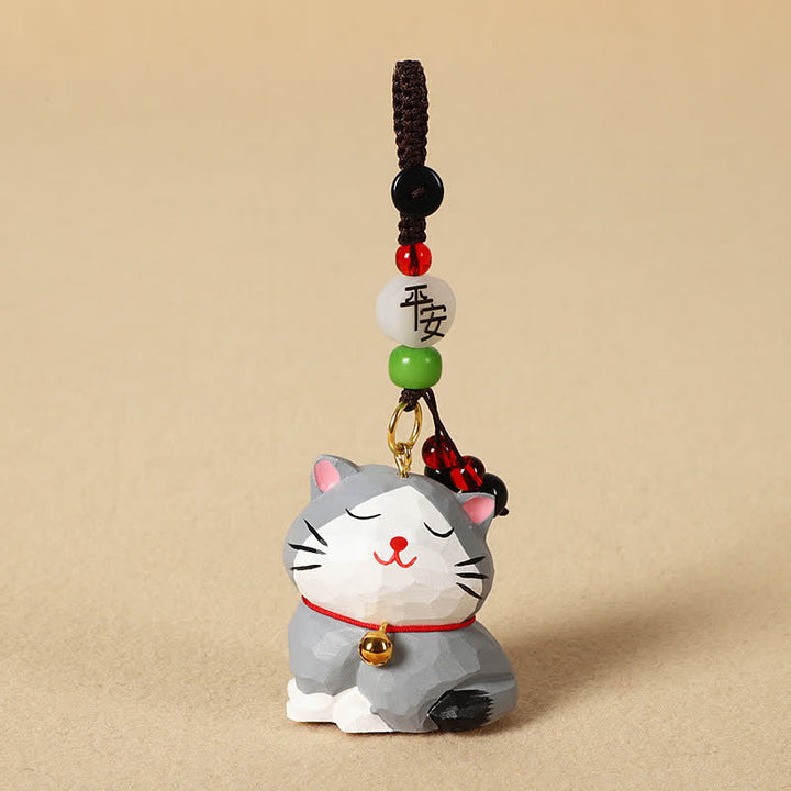 Buddha Stones Sleutelhangers met uitgesneden houten kat Om Mani Padme Hum Focus - Vreedzame grijze kat - image 13