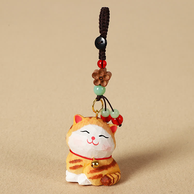 Buddha Stones Sleutelhangers met uitgesneden houten kat Om Mani Padme Hum Focus - image 1