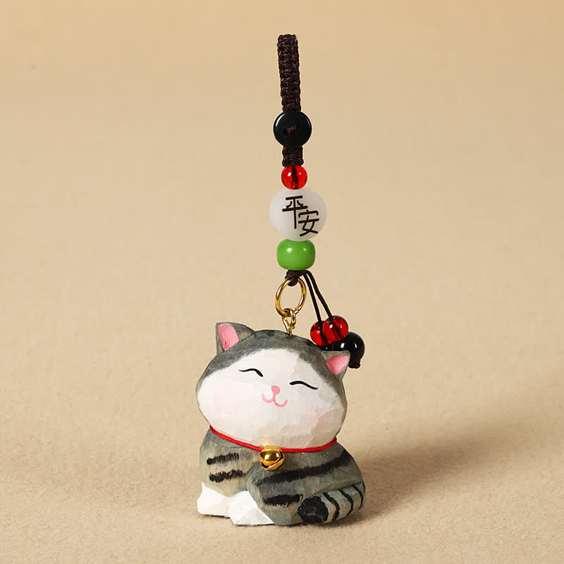 Buddha Stones Sleutelhangers met uitgesneden houten kat Om Mani Padme Hum Focus - Vreedzame gestreepte kat - image 10