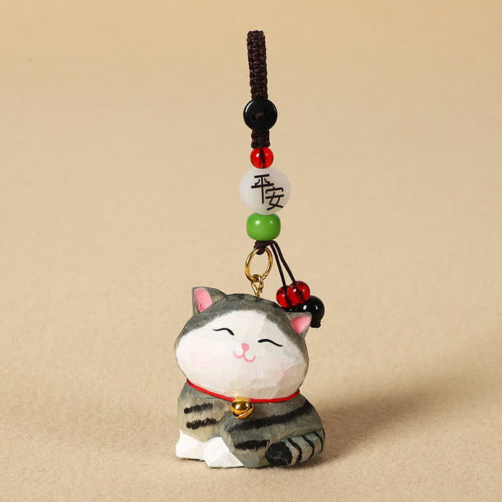 Buddha Stones Sleutelhangers met uitgesneden houten kat Om Mani Padme Hum Focus - Vreedzame gestreepte kat - image 10