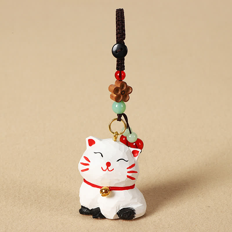 Buddha Stones Sleutelhangers met uitgesneden houten kat Om Mani Padme Hum Focus - Witte Kat - image 6