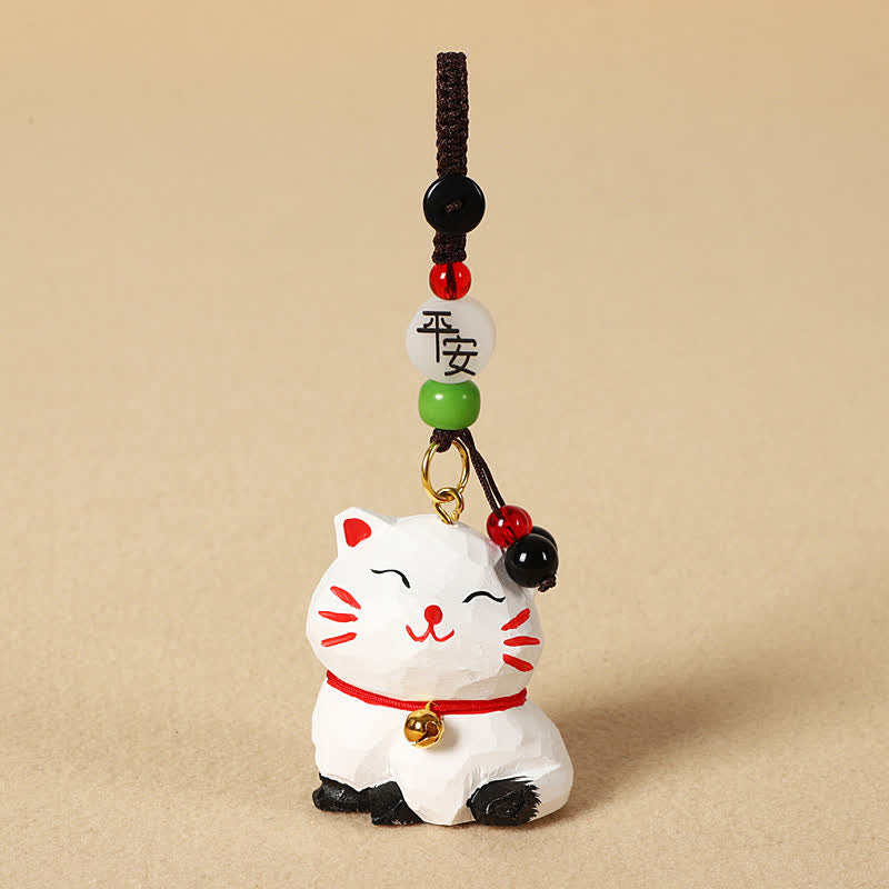 Buddha Stones Sleutelhangers met uitgesneden houten kat Om Mani Padme Hum Focus - Vreedzame witte kat - image 7