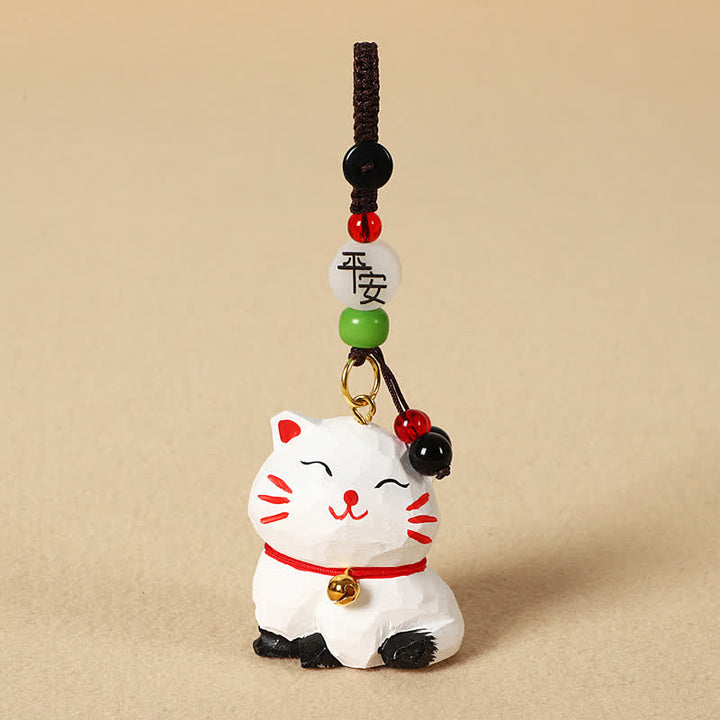 Buddha Stones Sleutelhangers met uitgesneden houten kat Om Mani Padme Hum Focus - Vreedzame witte kat - image 7