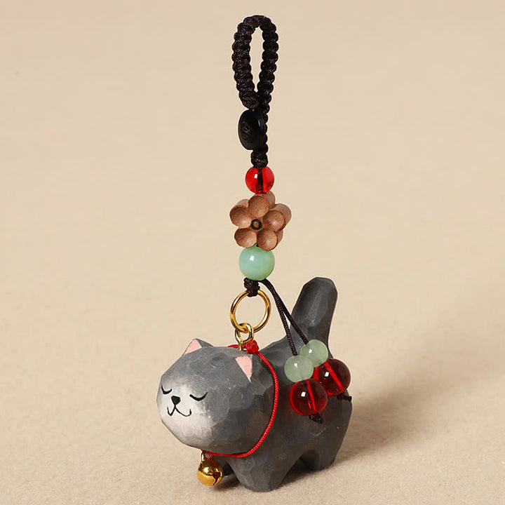 Buddha Stones Sleutelhangers met een uitgesneden houten kat , Om Mani Padme Hum Vrede - Donkergrijze kat - image 11