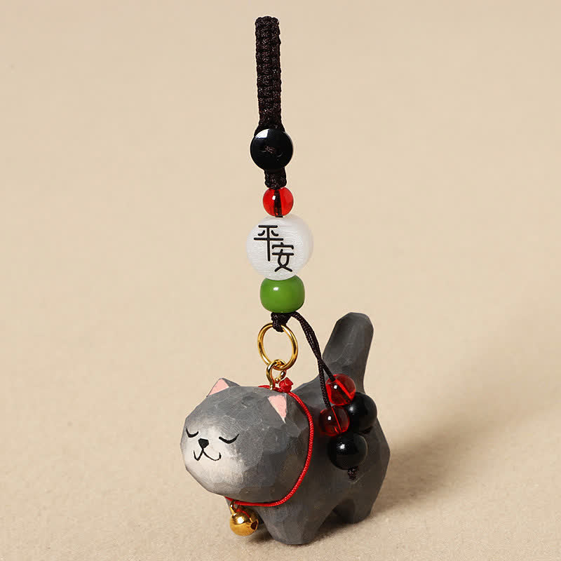 Buddha Stones Sleutelhangers met een uitgesneden houten kat , Om Mani Padme Hum Vrede - Vreedzame donkergrijze kat - image 12
