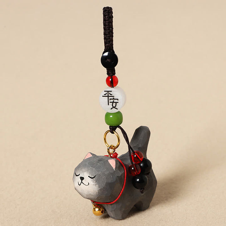 Buddha Stones Sleutelhangers met een uitgesneden houten kat , Om Mani Padme Hum Vrede - Vreedzame donkergrijze kat - image 12