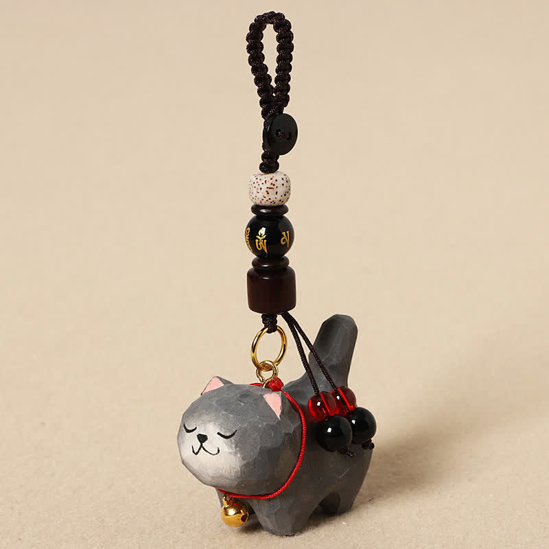 Buddha Stones Sleutelhangers met een uitgesneden houten kat , Om Mani Padme Hum Vrede - Om Mani Padme Hum Donkergrijs Cat - image 13