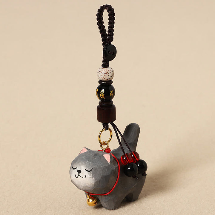Buddha Stones Sleutelhangers met een uitgesneden houten kat , Om Mani Padme Hum Vrede - Om Mani Padme Hum Donkergrijs Cat - image 13
