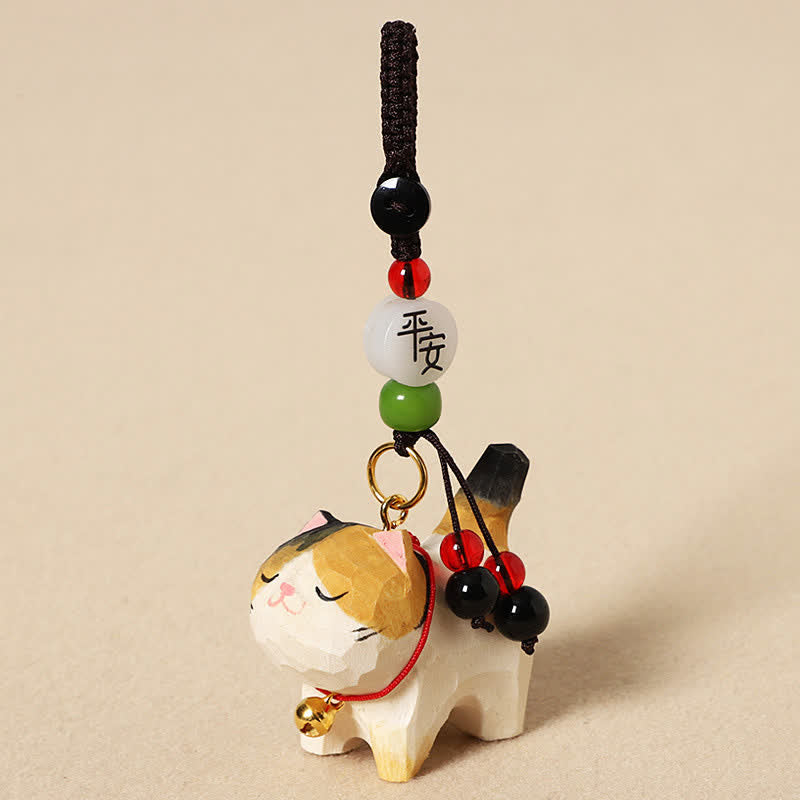 Buddha Stones Sleutelhangers met een uitgesneden houten kat , Om Mani Padme Hum Vrede - Vreedzame driekleurige kat - image 9