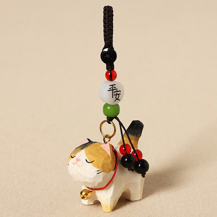 Buddha Stones Sleutelhangers met een uitgesneden houten kat , Om Mani Padme Hum Vrede - Vreedzame driekleurige kat - image 9