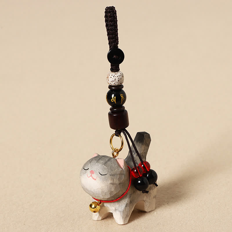 Buddha Stones Sleutelhangers met een uitgesneden houten kat , Om Mani Padme Hum Vrede - Om Mani Padme Hum Grijze Kat - image 2
