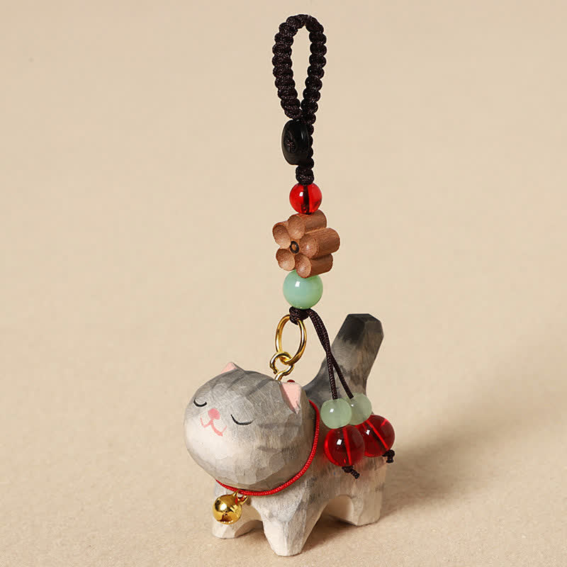 Buddha Stones Sleutelhangers met een uitgesneden houten kat , Om Mani Padme Hum Vrede - Grijze kat - image 0