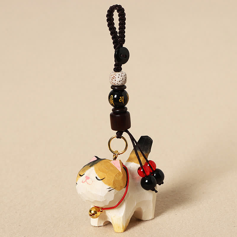 Buddha Stones Sleutelhangers met een uitgesneden houten kat , Om Mani Padme Hum Vrede - Om Mani Padme Hum driekleurige kat - image 10