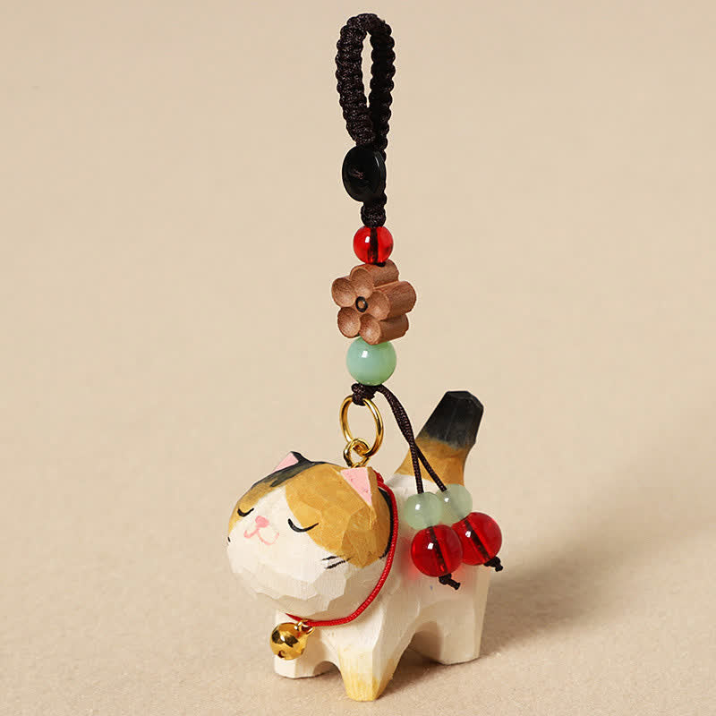 Buddha Stones Sleutelhangers met een uitgesneden houten kat , Om Mani Padme Hum Vrede - Driekleurige kat - image 8