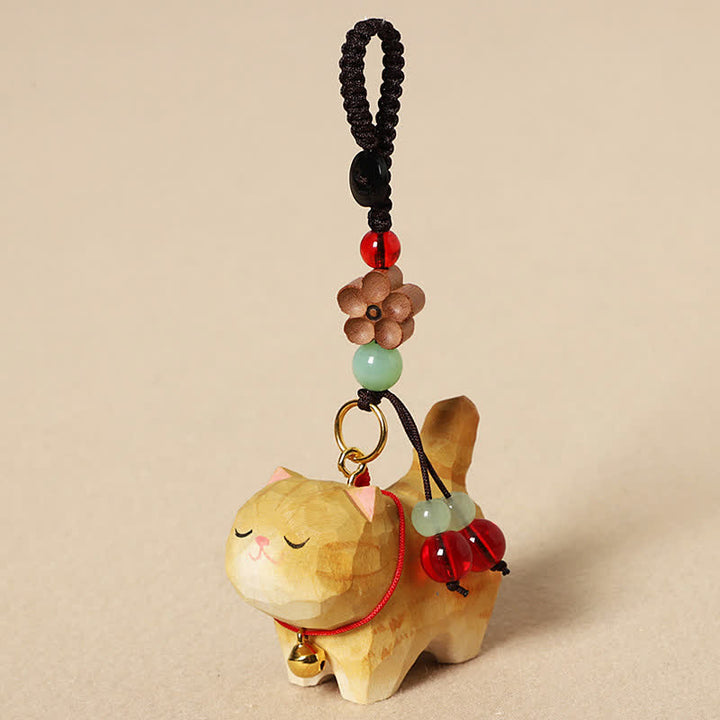 Buddha Stones Sleutelhangers met een uitgesneden houten kat , Om Mani Padme Hum Vrede - Gele kat - image 3