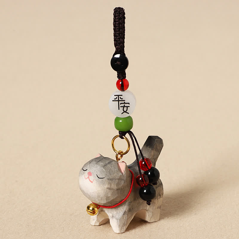 Buddha Stones Sleutelhangers met een uitgesneden houten kat , Om Mani Padme Hum Vrede - Vreedzame grijze kat - image 1