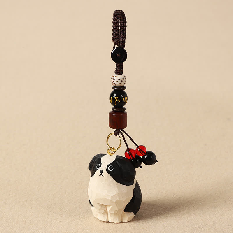 Buddha Stones Sleutelhangers van gesneden houten hondje Om Mani Padme Hum Wijsheid - Om Mani Padme Hum Zwart-witte hond - image 2
