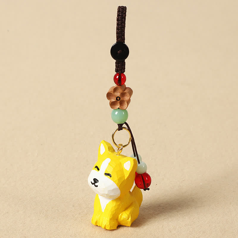 Buddha Stones Sleutelhangers van gesneden houten hondje Om Mani Padme Hum Wijsheid - Gele hond - image 3