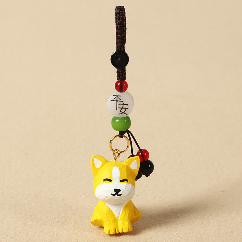 Buddha Stones Sleutelhangers van gesneden houten hondje Om Mani Padme Hum Wijsheid - Veilige gele hond - image 4