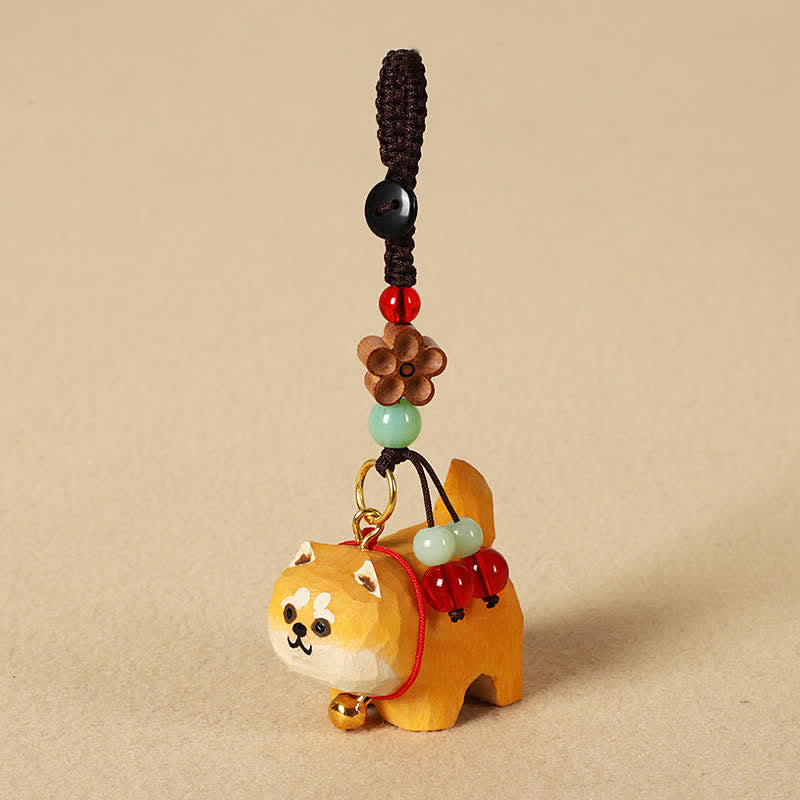 Buddha Stones Sleutelhangers met een uitgesneden houten hondje , Om Mani Padme Hum en vredesmotief. - Shiba Inu - image 1