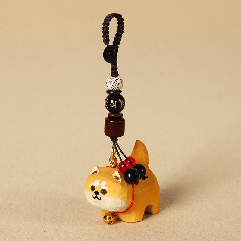 Buddha Stones Sleutelhangers met een uitgesneden houten hondje , Om Mani Padme Hum en vredesmotief. - Om Mani Padme Hum Shiba Inu - image 0