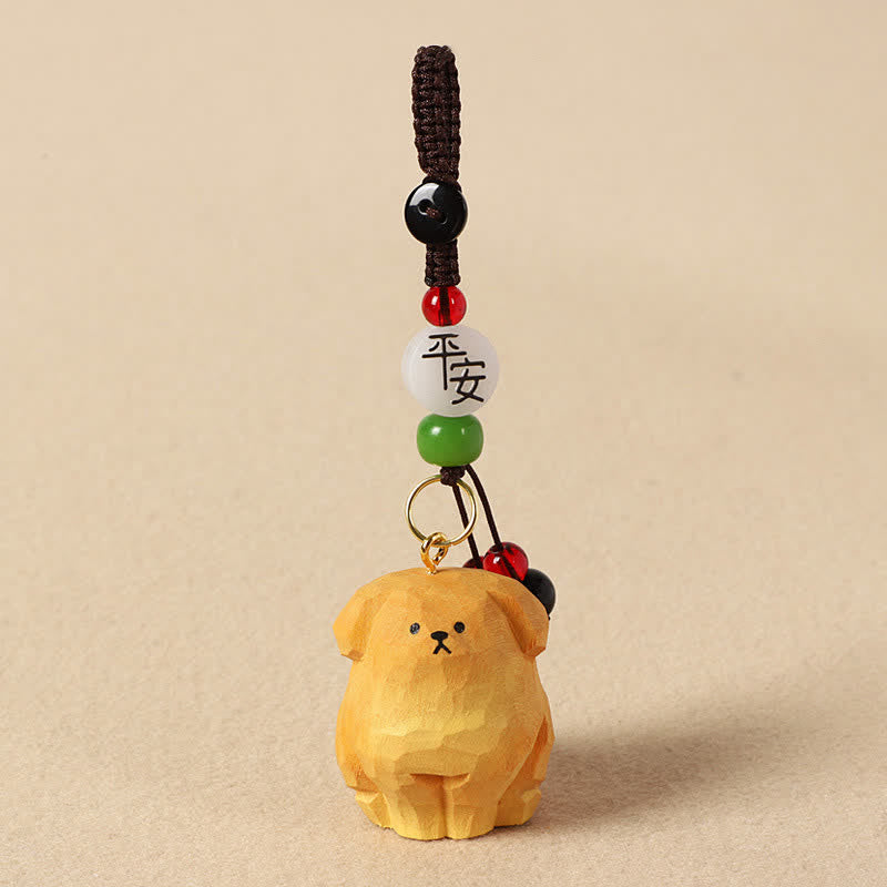 Buddha Stones Sleutelhangers van gesneden houten hondje Om Mani Padme Hum Creativiteit - Veilige gele hond - image 2