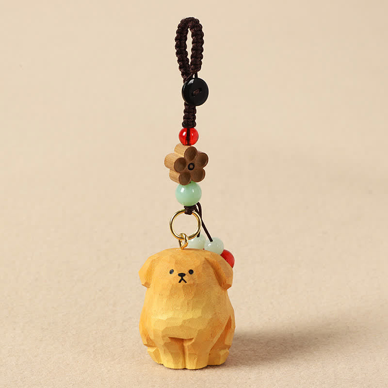 Buddha Stones Sleutelhangers van gesneden houten hondje Om Mani Padme Hum Creativiteit - Gele hond - image 0