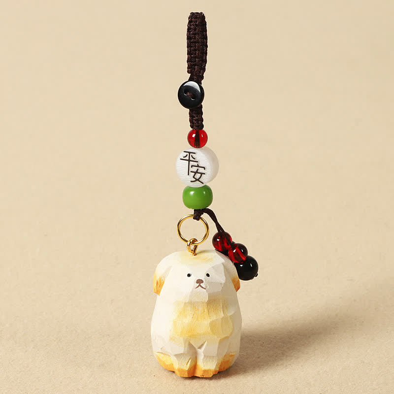 Buddha Stones Sleutelhangers van gesneden houten hondje Om Mani Padme Hum Creativiteit - Veilige Witte Hond - image 7