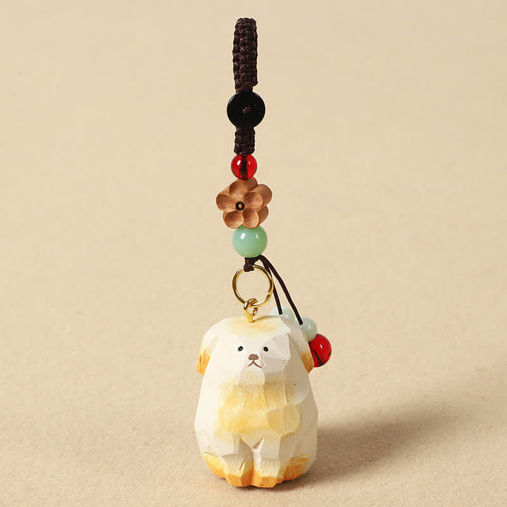 Buddha Stones Sleutelhangers van gesneden houten hondje Om Mani Padme Hum Creativiteit - Witte hond - image 4