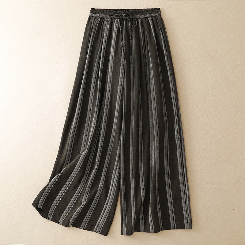 Buddha Stones Zomerse casual minimalistische gestreepte Lang broek met trekkoord voor dames, wijde pijpen en zakken - Zadelbruin - US8-10, UK/AU12-14, EU40-42 (2XL) - image 0