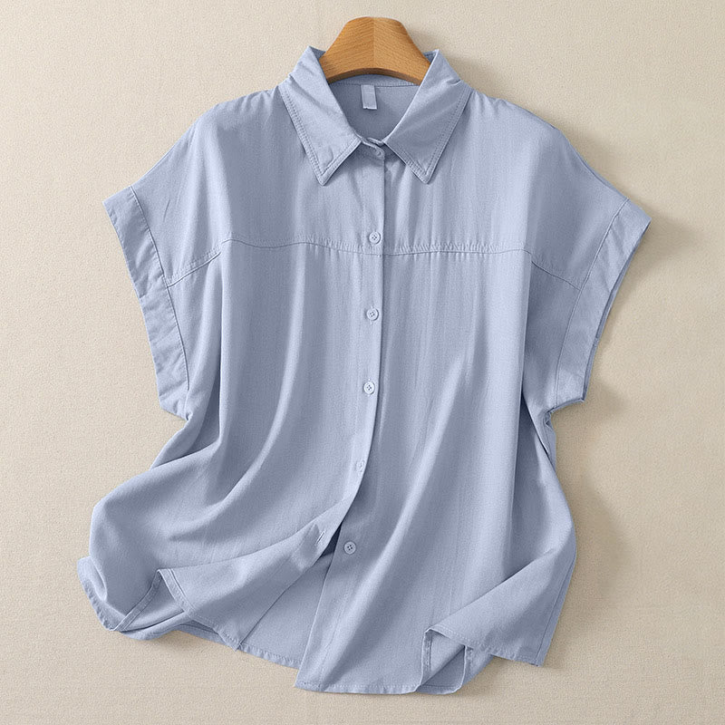 Buddha Stones Zomerse casual minimalistische Overhemden met knoopsluiting en Korte mouw voor dames, effen kleur. - Lichtstaalblauw - US8-10, UK/AU12-14, EU40-42 (2XL) - image 0