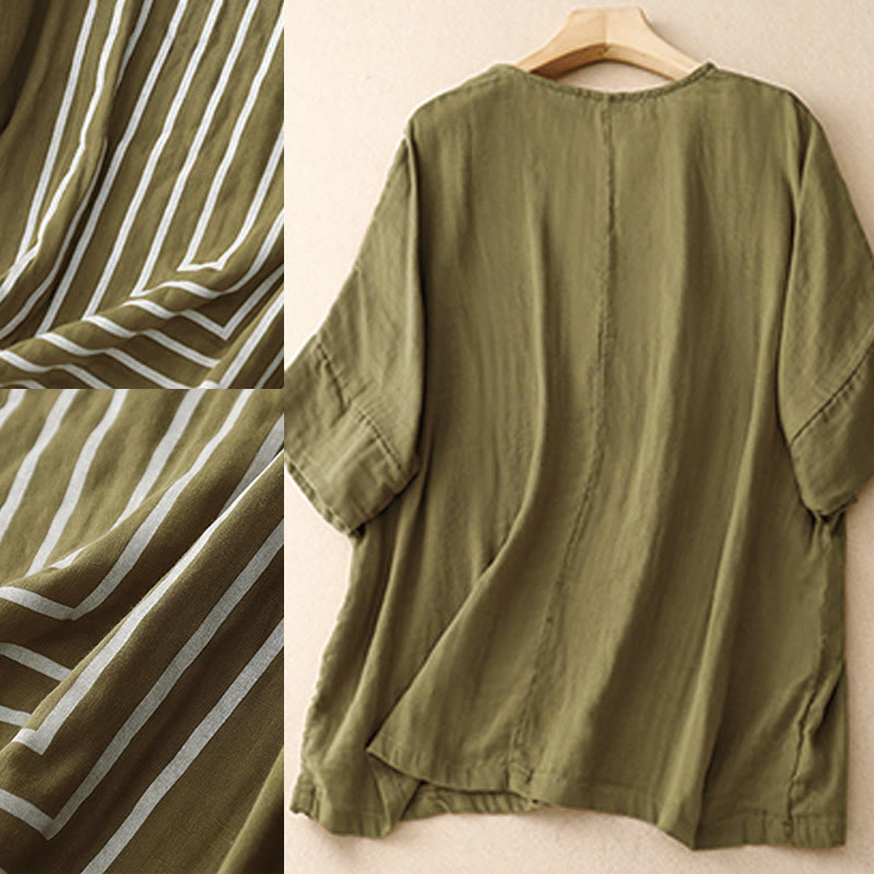 Buddha Stones Casual dames T-shirt met Korte mouw en lijnprint, gemaakt van katoen en linnen. - image 1