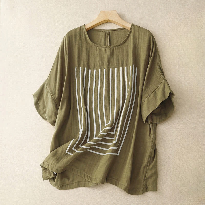 Buddha Stones Casual dames T-shirt met Korte mouw en lijnprint, gemaakt van katoen en linnen. - Olijf - US12, UK/AU16, EU44 (2XL) - image 0