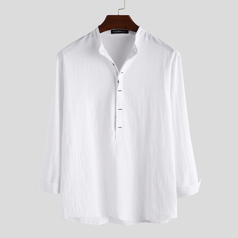 Buddha Stones Effen katoenen herenoverhemd met Lange mouw en halve Overhemden - Wit - US/UK/AU42, EU52 (3XL) - image 0