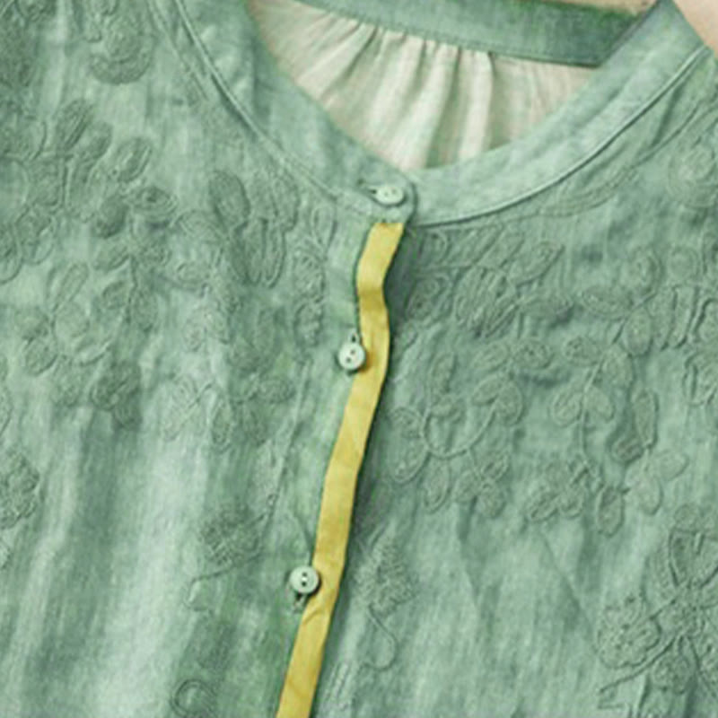 Buddha Stones Zomerse casual Midi -jurk met geborduurde opstaande kraag en Mouwlengte - image 1