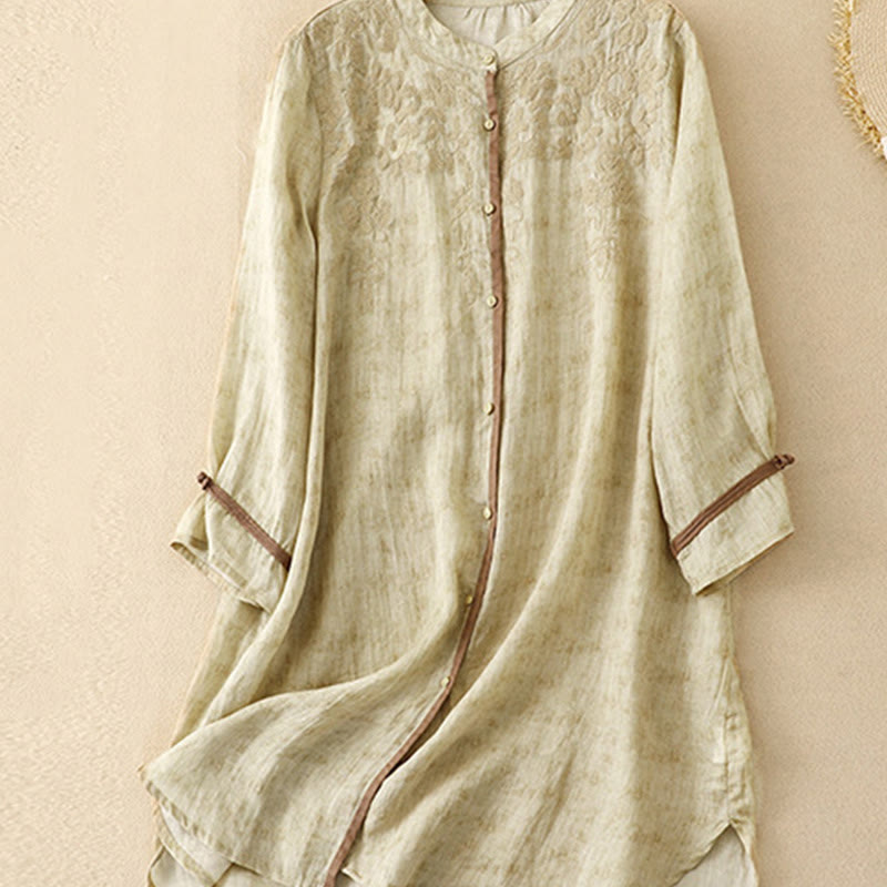 Buddha Stones Zomerse casual Midi -jurk met geborduurde opstaande kraag en Mouwlengte - image 13