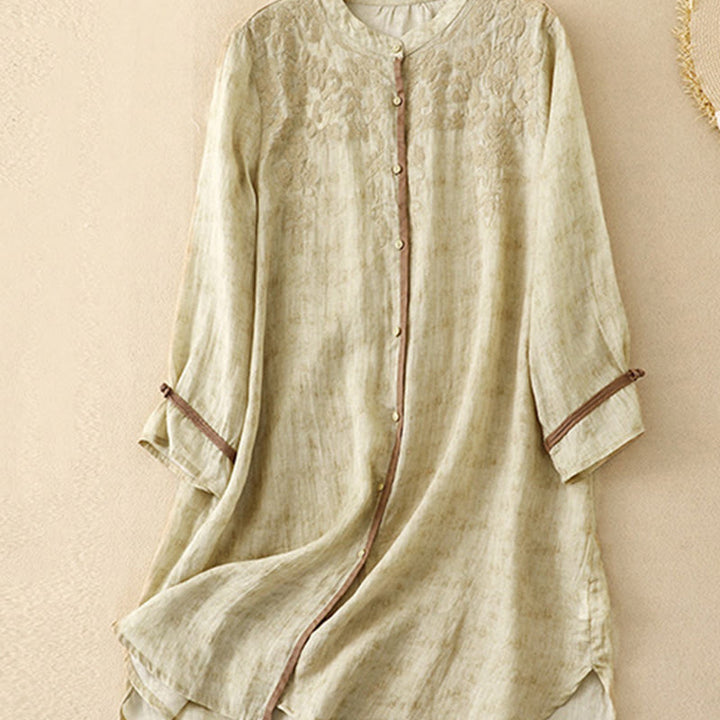 Buddha Stones Zomerse casual Midi -jurk met geborduurde opstaande kraag en Mouwlengte - image 13