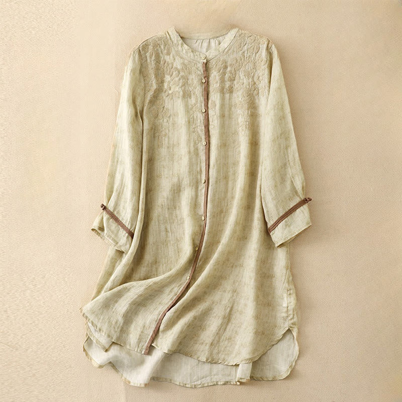 Buddha Stones Zomerse casual Midi -jurk met geborduurde opstaande kraag en Mouwlengte - Citroenchiffon - US8-10，UK/AU12-14，EU40-42 (2XL) - image 11