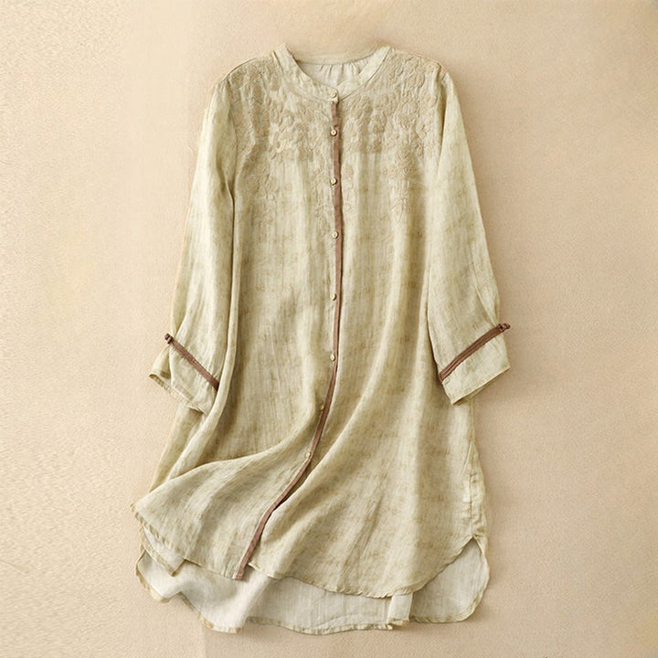 Buddha Stones Zomerse casual Midi -jurk met geborduurde opstaande kraag en Mouwlengte - Citroenchiffon - US8-10，UK/AU12-14，EU40-42 (2XL) - image 11