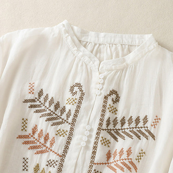 Buddha Stones Casual damesblouse met artistiek geborduurd bladmotief en Mouwlengte - image 15