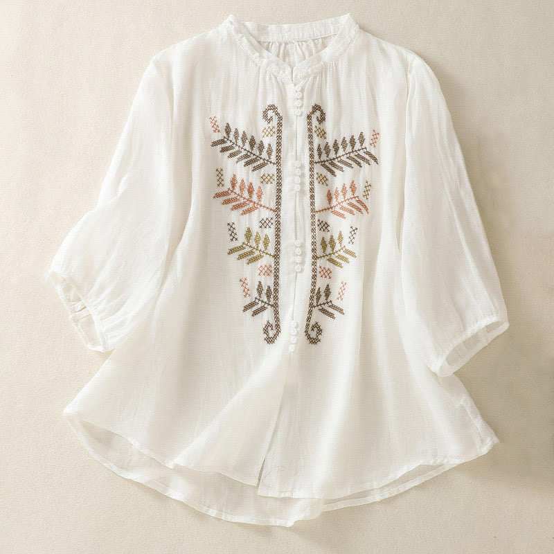 Buddha Stones Casual damesblouse met artistiek geborduurd bladmotief en Mouwlengte - Wit - US8-10，UK/AU12-14，EU40-42 (2XL) - image 14
