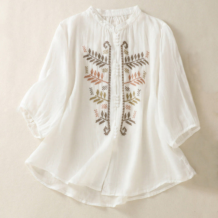 Buddha Stones Casual damesblouse met artistiek geborduurd bladmotief en Mouwlengte - Wit - US8-10，UK/AU12-14，EU40-42 (2XL) - image 14
