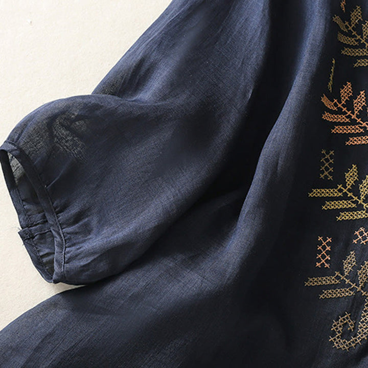Buddha Stones Casual damesblouse met artistiek geborduurd bladmotief en Mouwlengte - image 11