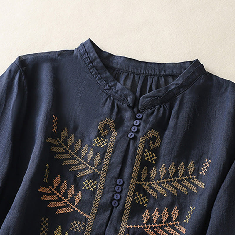 Buddha Stones Casual damesblouse met artistiek geborduurd bladmotief en Mouwlengte - image 9