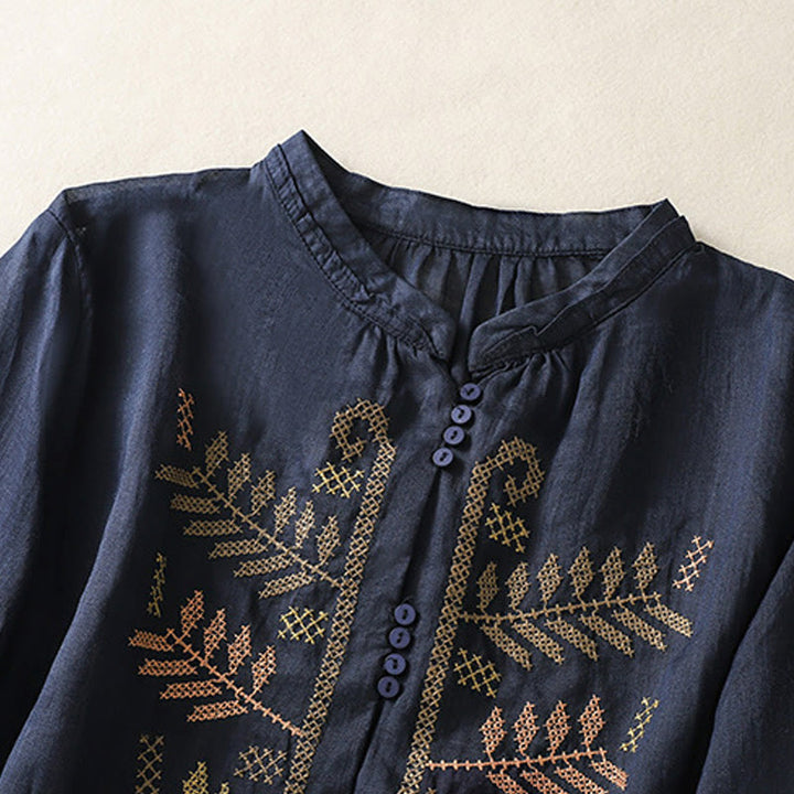 Buddha Stones Casual damesblouse met artistiek geborduurd bladmotief en Mouwlengte - image 9